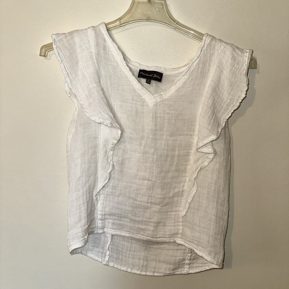 Michael Stars White 100% Cotton Gauze Ruffle Sleeve V-Neck Blouse Size Small